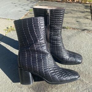 Intentionally Blank Black Leather Embossed Croc Ankle Boots